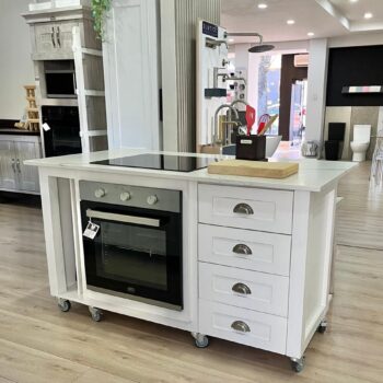 Mini Island on Castors with a bin, 1 drawer, 2 doors and open shelves| includes 250mm overhang